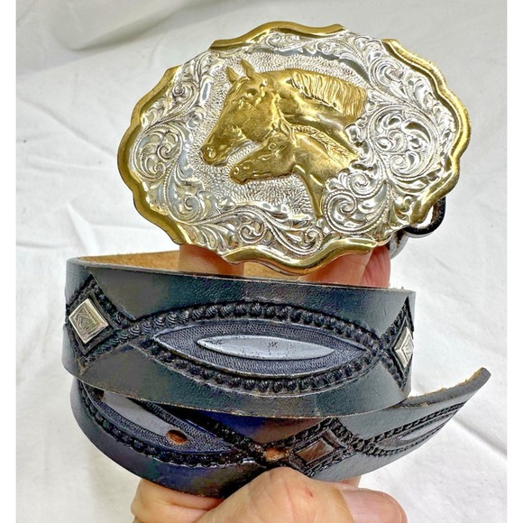 Crumrine Other - Crumrine Silver Plate Buckle Horse‎ Mare Foal Two Tone Western Belt Black 26